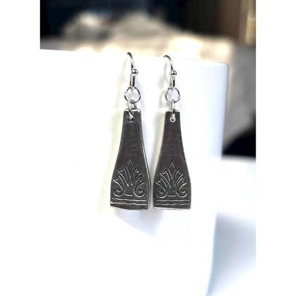 Handmade Upcycled Silverware Earrings: Geometric Stainless Steel Drop Earrings - Picture 6 of 6